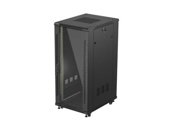 ARMADIO RACK 19" A LIBERA INSTALLAZIONE 27U/600X800 (CONFEZIONE PIATTA) CON PORTA IN VETRO NERO LANBERG