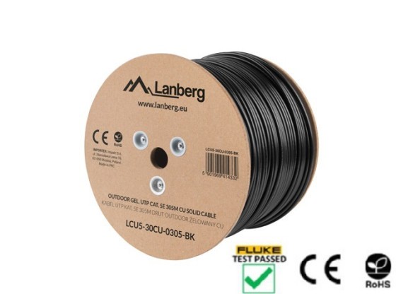 CAVO LAN CAT.5E UTP 305M SOLIDO DA ESTERNO RIEMPITO DI GEL CU NERO FLUKE PASSATO LANBERG