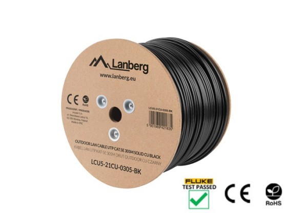 CAVO LAN CAT.5E UTP 305M SOLIDO OUTDOOR CU NERO FLUKE PASSED LANBERG