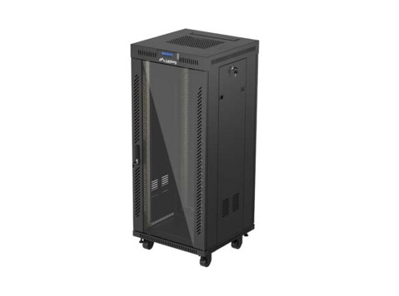 ARMADIO RACK 19" A LIBERO POSIZIONAMENTO 27U/600X600 (CONFEZIONE PIATTA) CON PORTA IN VETRO LCD NERO LANBERG V2