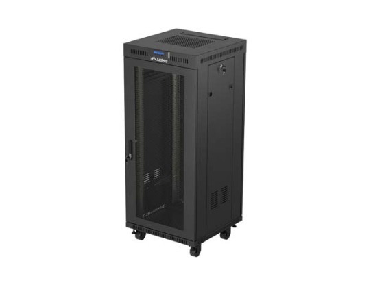 ARMADIO RACK 19" A LIBERO POSIZIONAMENTO 27U/600X600 (CONFEZIONE PIATTA) CON PORTA A RETE LCD NERO LANBERG V2