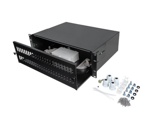 PANNELLO DI COLLEGAMENTO IN FIBRA OTTICA LANBERG DA 19" 3U PER MONTAGGIO SU RACK 48XSC DUPLEX / 48XLC QUAD NERO + ACCESSORI