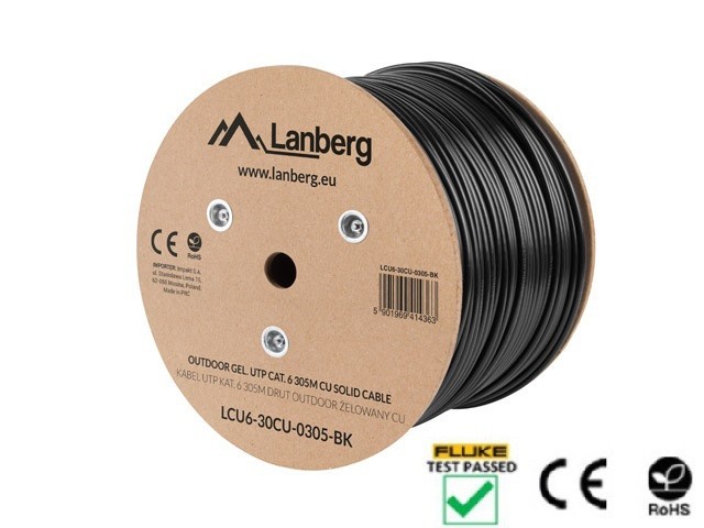 CAVO LAN CAT.6 UTP 305M SOLIDO DA ESTERNO RIEMPITO DI GEL CU NERO FLUKE PASSATO LANBERG