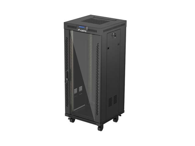 ARMADIO RACK 19" A LIBERO POSIZIONAMENTO 27U/600X600 (CONFEZIONE PIATTA) CON PORTA IN VETRO LCD NERO LANBERG V2