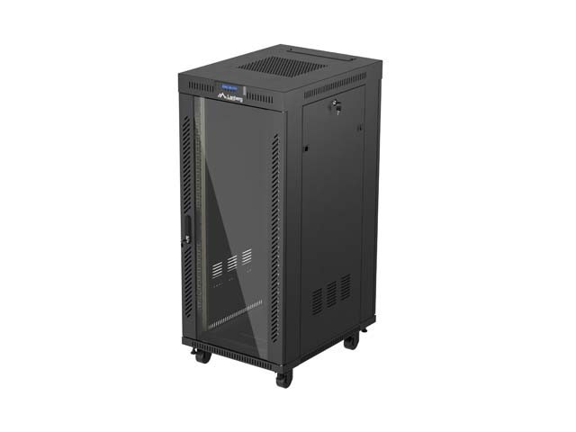 ARMADIO RACK 19" A LIBERO POSIZIONAMENTO 27U/600X800 (CONFEZIONE PIATTA) CON PORTA IN VETRO LCD NERO LANBERG V2