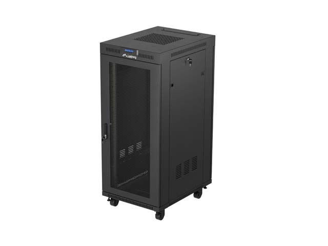 ARMADIO RACK 19" A LIBERO POSIZIONAMENTO 27U/600X800 (CONFEZIONE PIATTA) CON PORTA A RETE LCD NERO LANBERG V2